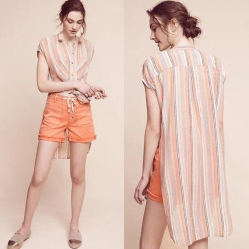 Holding Horses Anthro cotton Striped long longline tunic top short sleeve tie S